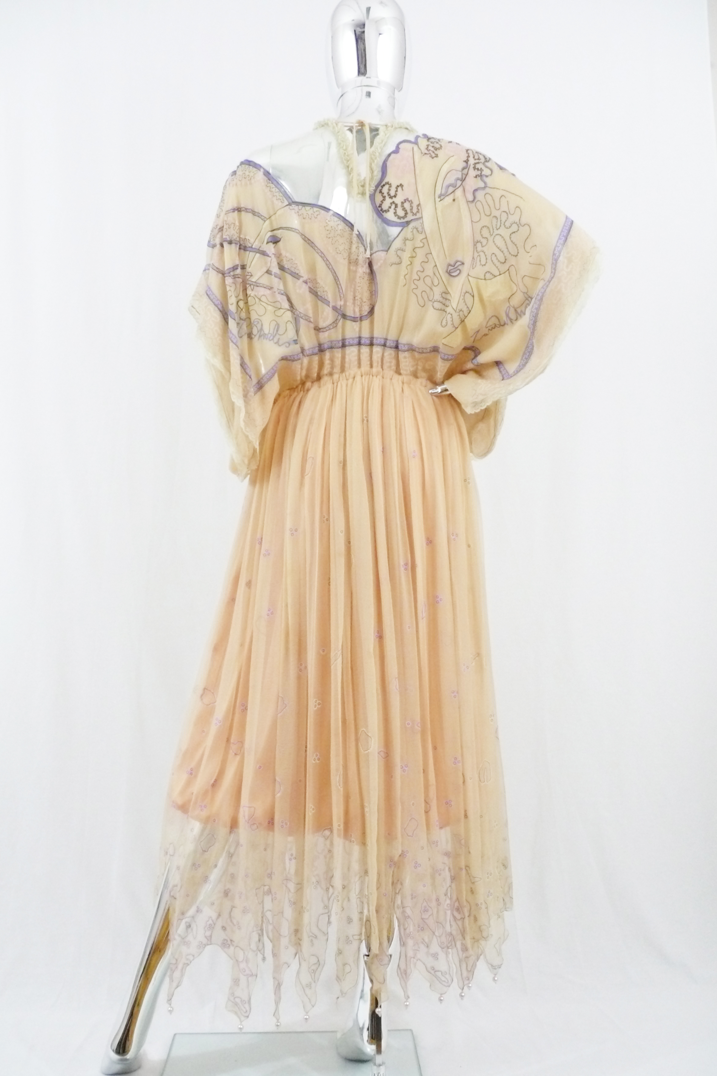 Zandra Rhodes 1978 Hand Painted Silk Chiffon Dress With Pearls Zandra Rhodes 1978 Hand Painted Silk Chiffon Dress With Pearls