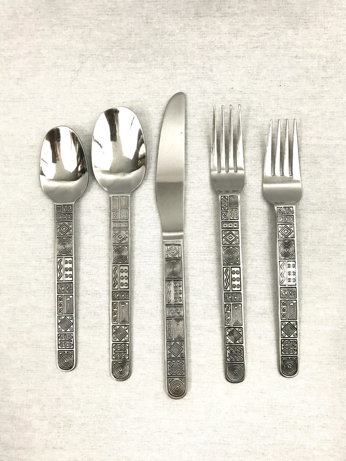 1970's Tribal Pattern Stainless Flatware Service for 8